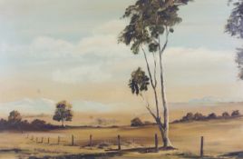 RA Coe (Western Australia, 20th Century), Mountainous Tree Strewn landscape, oil on board.