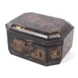 A Lacquered elongated octanganal wooden Chinoiserie decorated tea caddy.