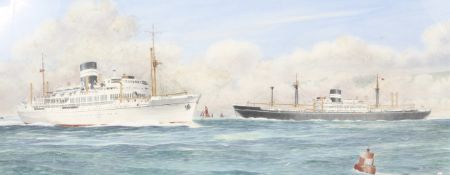 Leonard B Moffatt, 1957, maritime watercolour of SS Uganda and SS Nowshera.