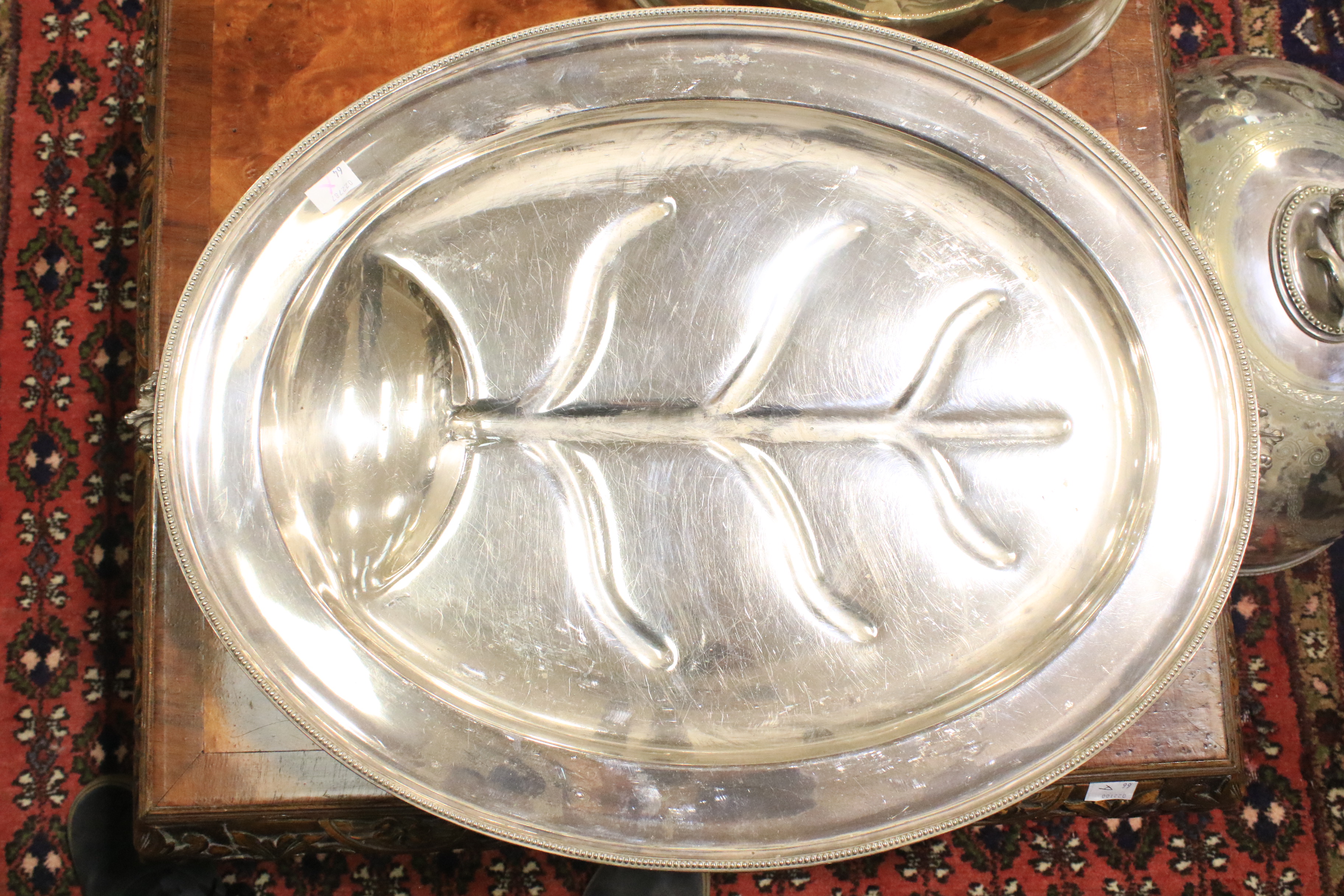 A large Edwardian silver-plated meat-dish warmer and two domed covers in sizes. - Image 3 of 23