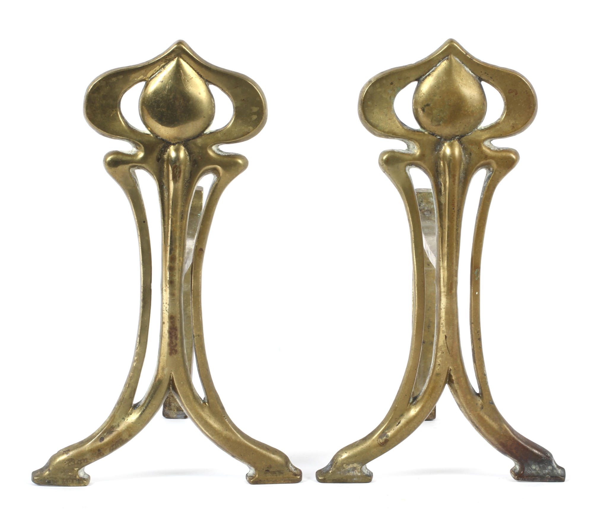 A pair of Art Nouveau brass fire dogs, circa 1900. - Image 2 of 2