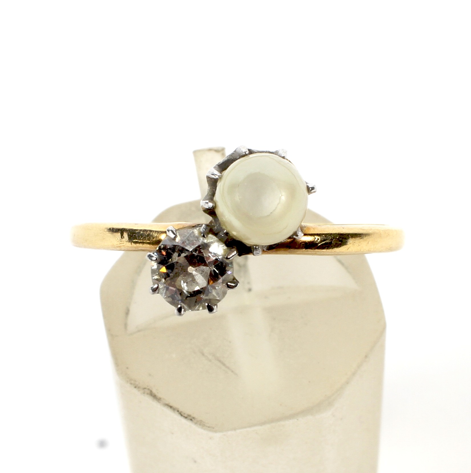 An early 20th century gold, diamond and cultured-pearl two stone ring. The old-cut diamond approx. - Image 2 of 4