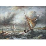 F Wilkson (20th Century School), Sailing Ships on a Stormy Sea, oil on board.