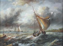 F Wilkson (20th Century School), Sailing Ships on a Stormy Sea, oil on board.