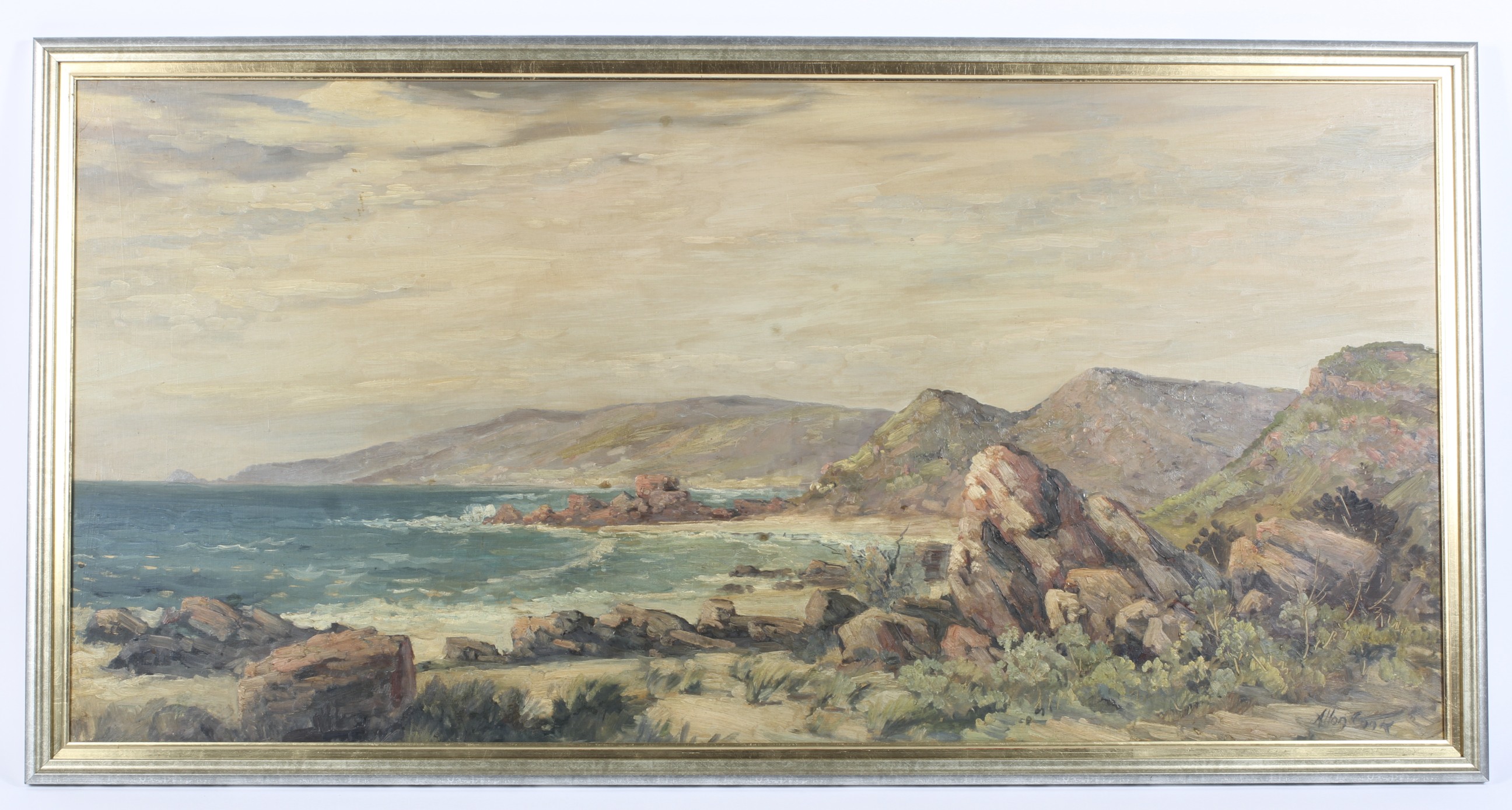 Allon Cook, (Australian, 1907-71), Rocky Coastline, oil on board. - Image 2 of 3