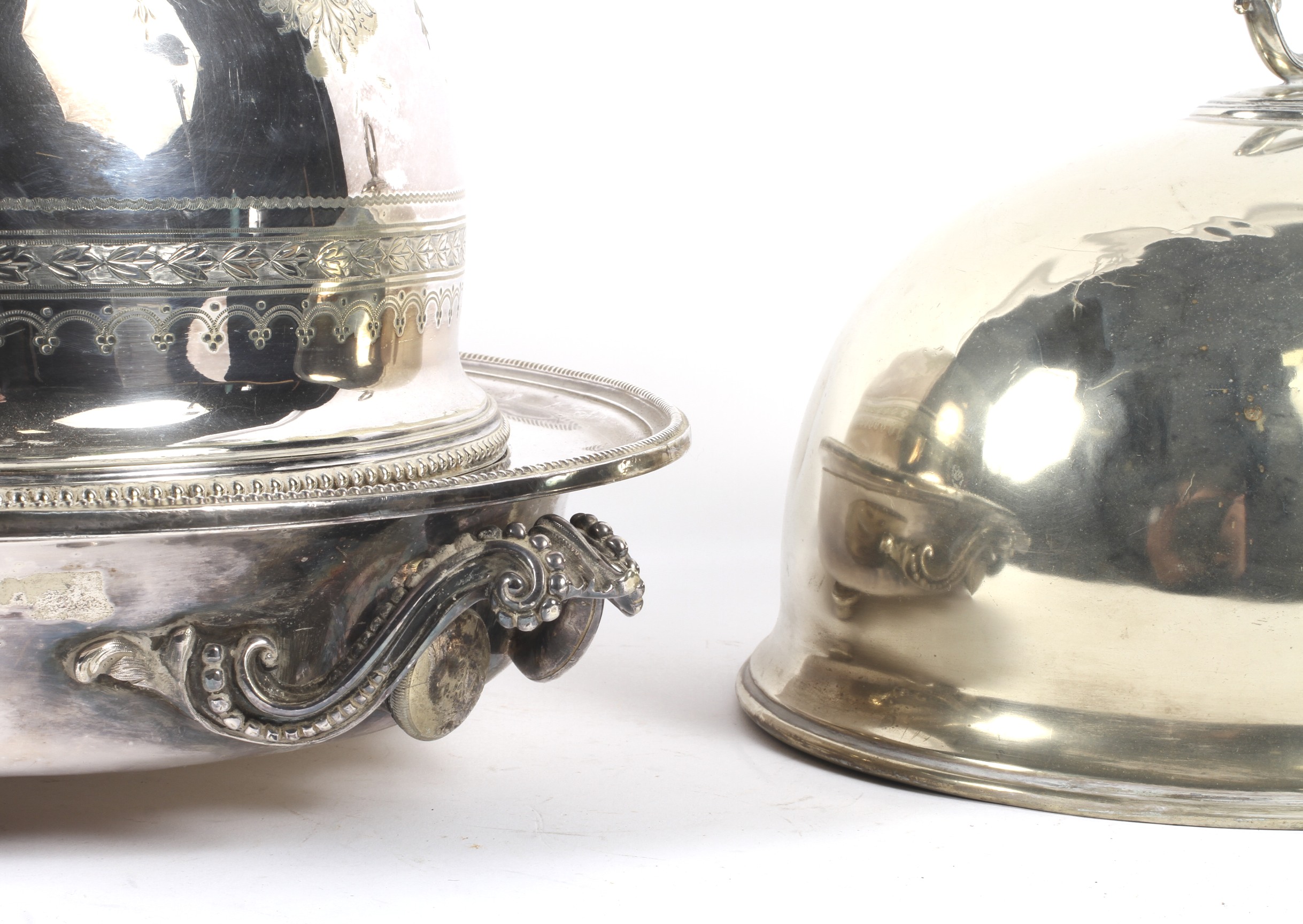 A large Edwardian silver-plated meat-dish warmer and two domed covers in sizes. - Image 2 of 23