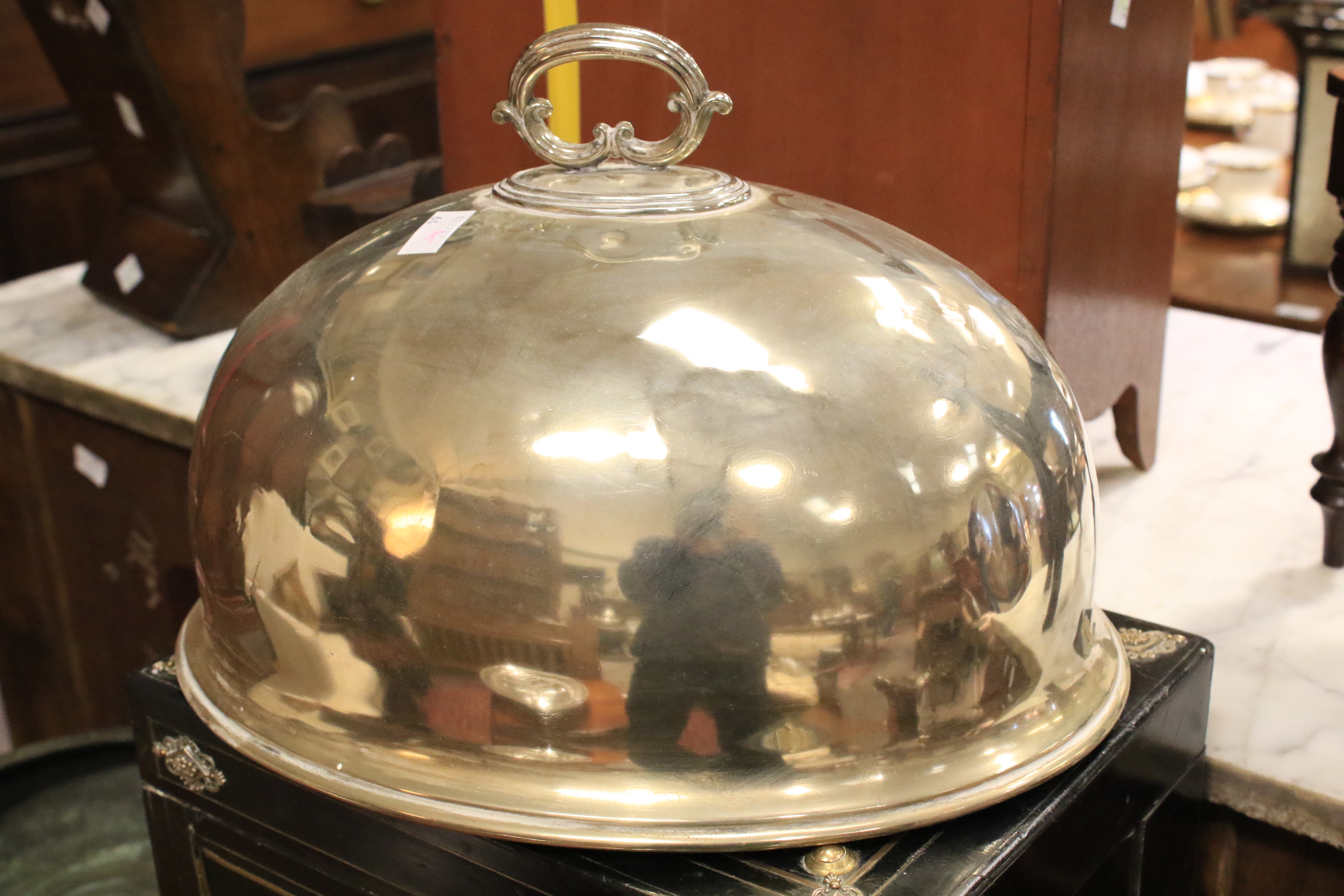 A large Edwardian silver-plated meat-dish warmer and two domed covers in sizes. - Image 8 of 23