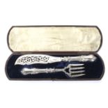 Pair of Victorian silver fish servers. With original tooled leather blue velvet lined fitted case.