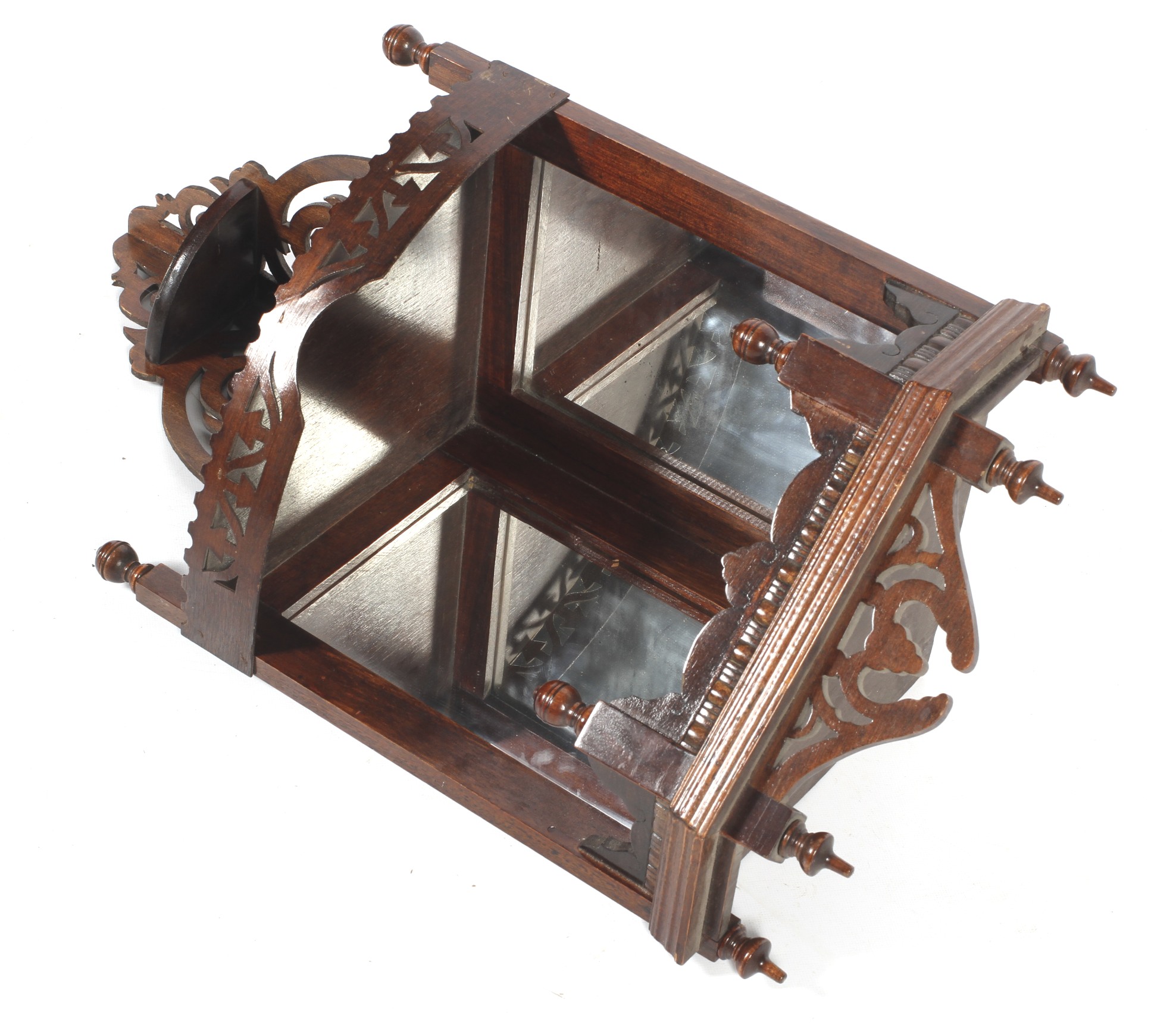 An Edwardian stained wooden hanging mirrored wall shelf. - Image 2 of 2