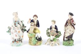 A group of Derby porcelain figures. The first circa 1775, modelled as a shepherdess with sheep, 14.