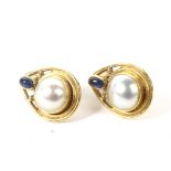 A pair of vintage 18ct gold, mabe-pearl and sapphire drop-shaped earrings.