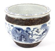 20th century crackle glazed blue and white Chinese jardiniere.