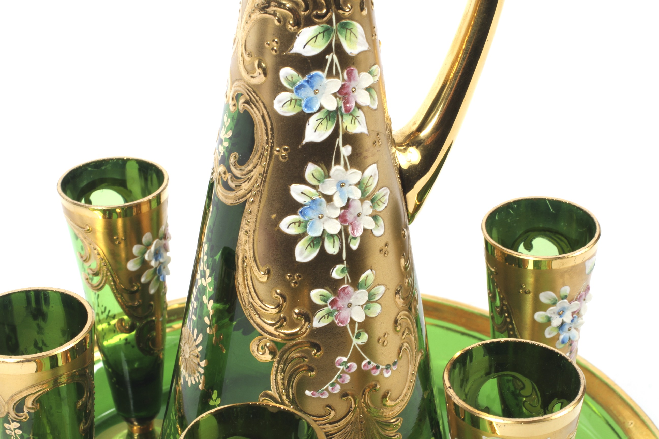 An Italian gilt and enamelled green glass decanter, stopper, circular tray and six glasses. - Image 2 of 2