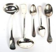 Two silver ladles, a dessert spoon and two teaspoons.