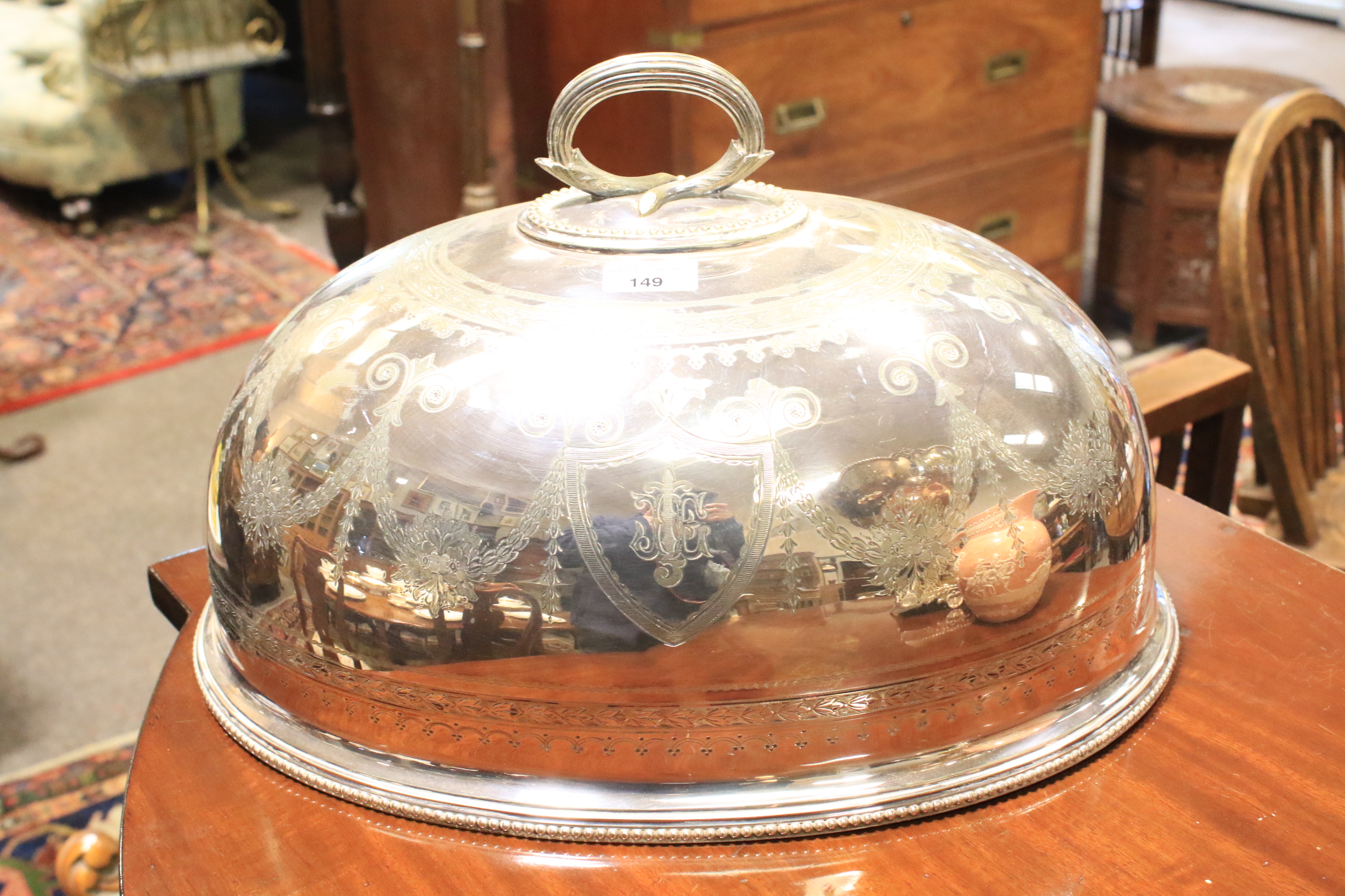 A large Edwardian silver-plated meat-dish warmer and two domed covers in sizes. - Image 12 of 23