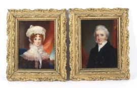 A pair of early to mid-19th century portraits of a lady and gentleman, oil on board.