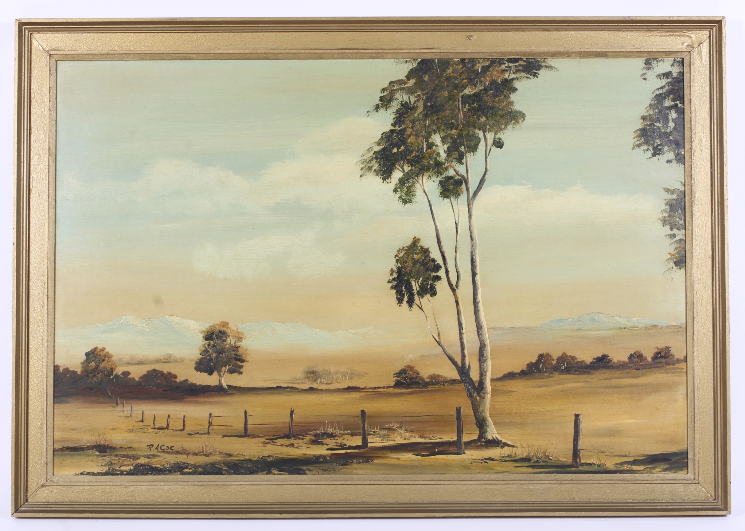 RA Coe (Western Australia, 20th Century), Mountainous Tree Strewn landscape, oil on board. - Image 2 of 3