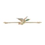 An early 20th century 15ct gold and platinum bar brooch adorned with a duck in flight.