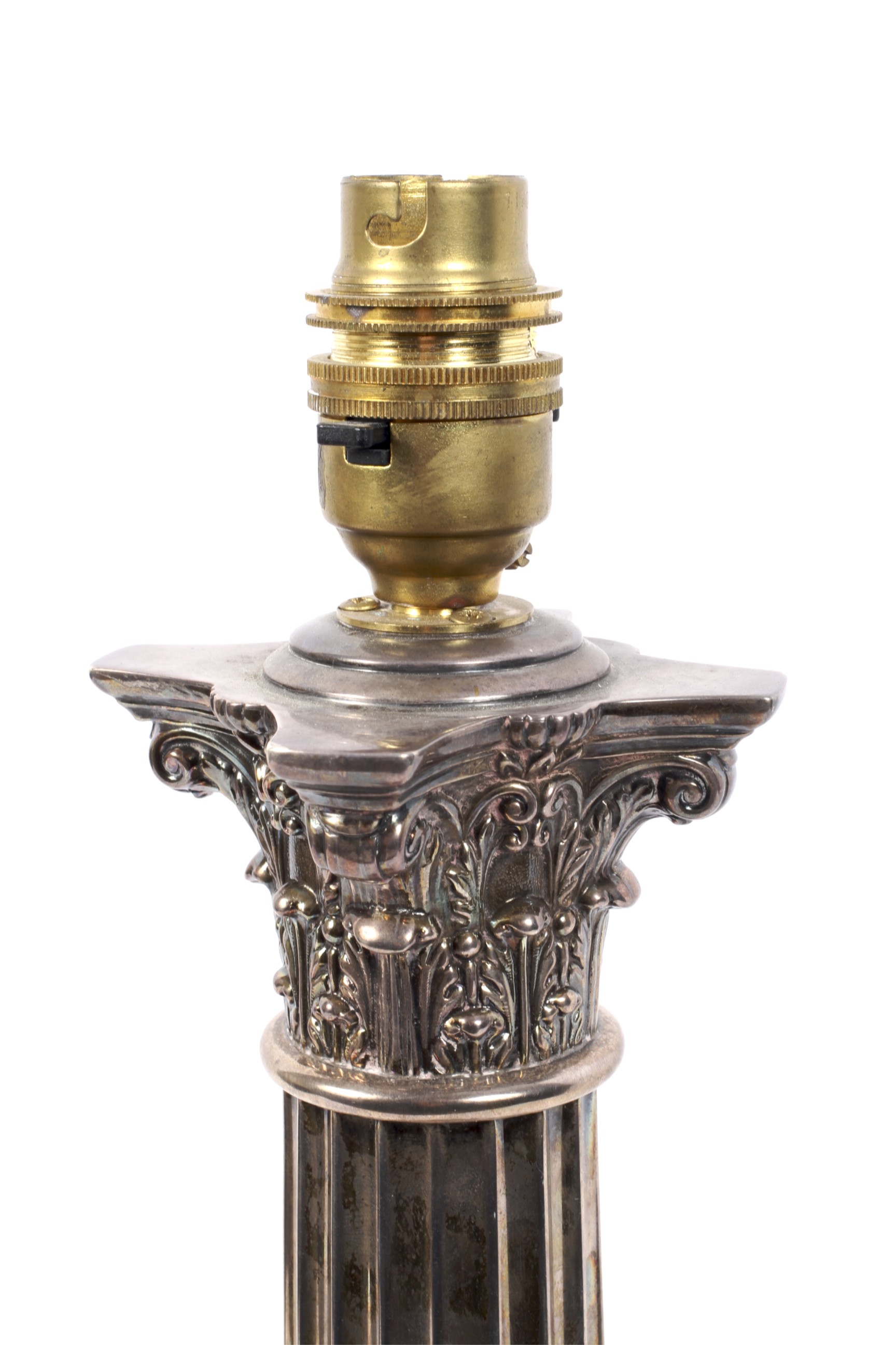 A Victorian silver Corinthian column candletick later adapted into a table lamp base. - Image 2 of 4