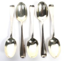 A set of five Victorian silver dessert spoons.