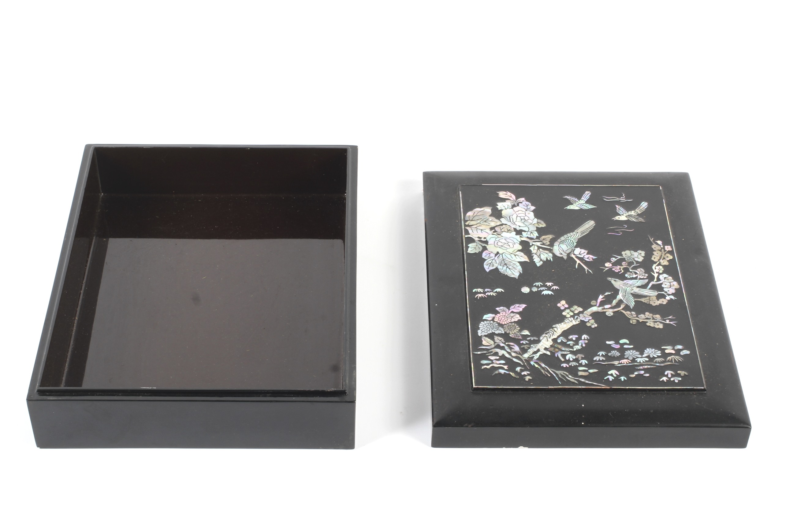 A 20th century Asian lacquered and mother of pearl mounted box and cover. - Image 2 of 3