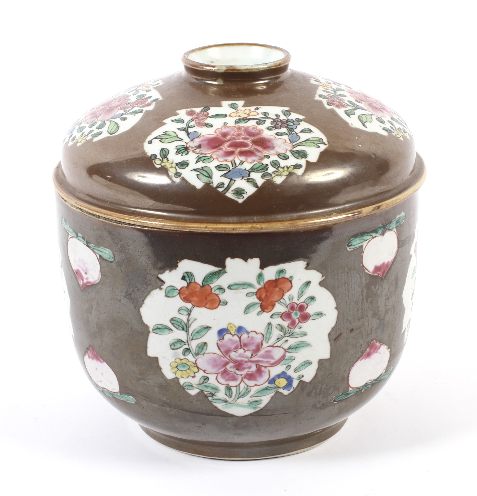 A Chinese famille rose porcelain cafe-au-lait ground jar and cover.