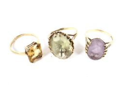 Three vintage 9ct gold single stone dress rings.