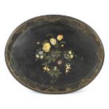 A late 19th century painted and mother of pearl tole inset oval tray.