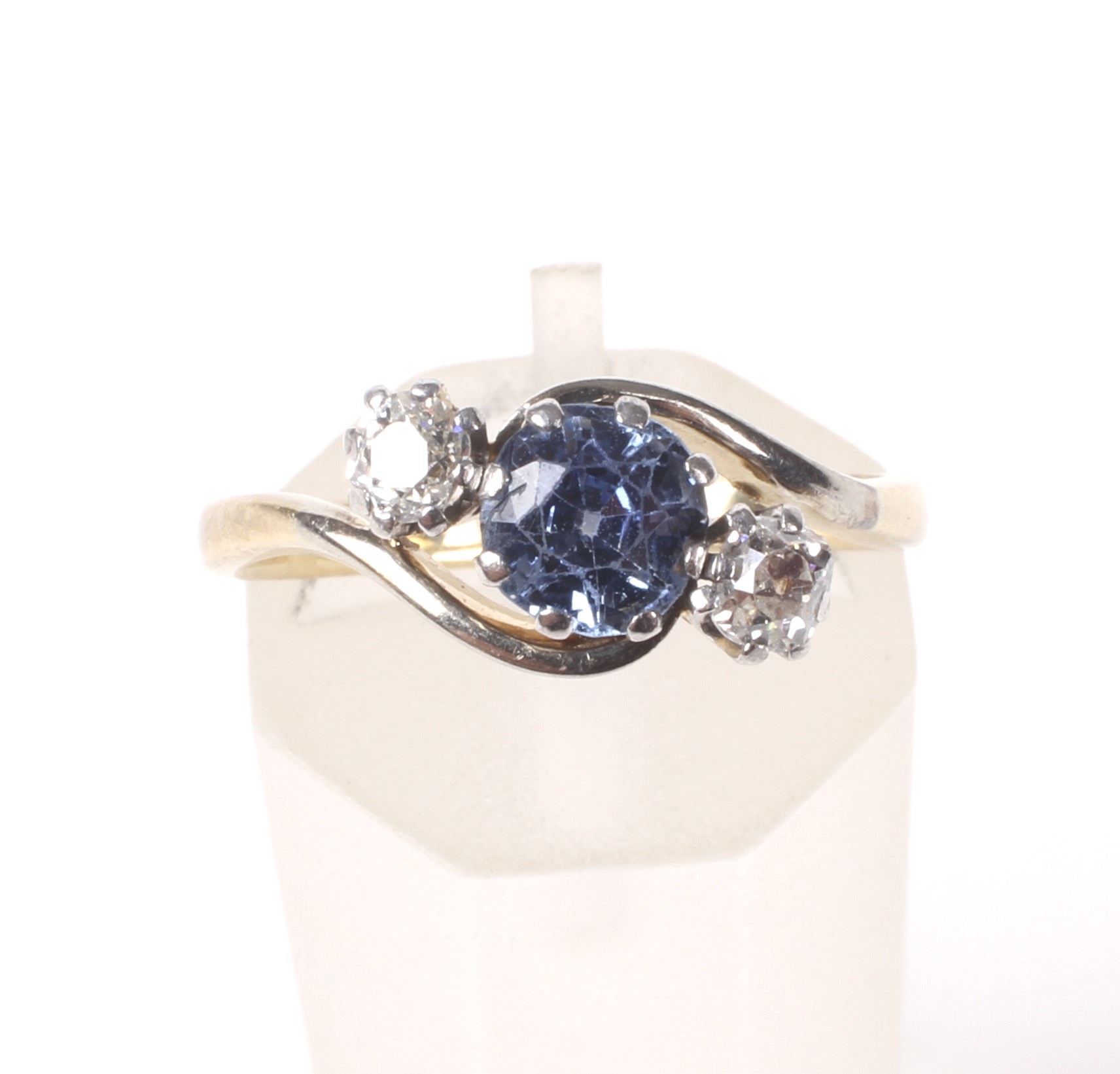 A mid 20th century gold, sapphire and diamond three stone cross-over ring. - Image 3 of 6