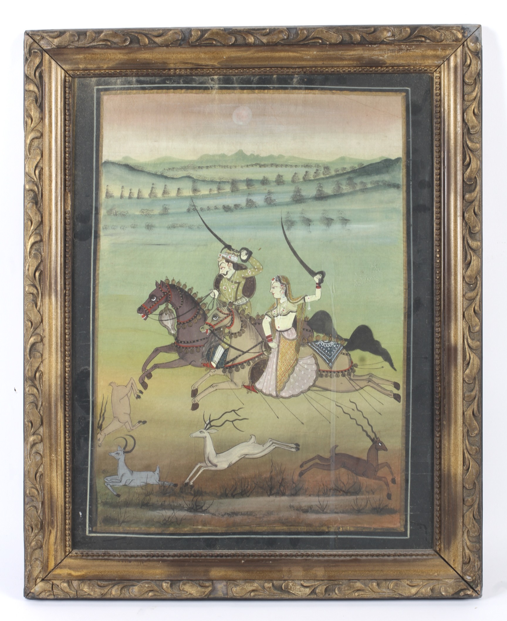 A 20th century Indian painting on fabric depicting a huntsman and women on horseback. - Image 2 of 3