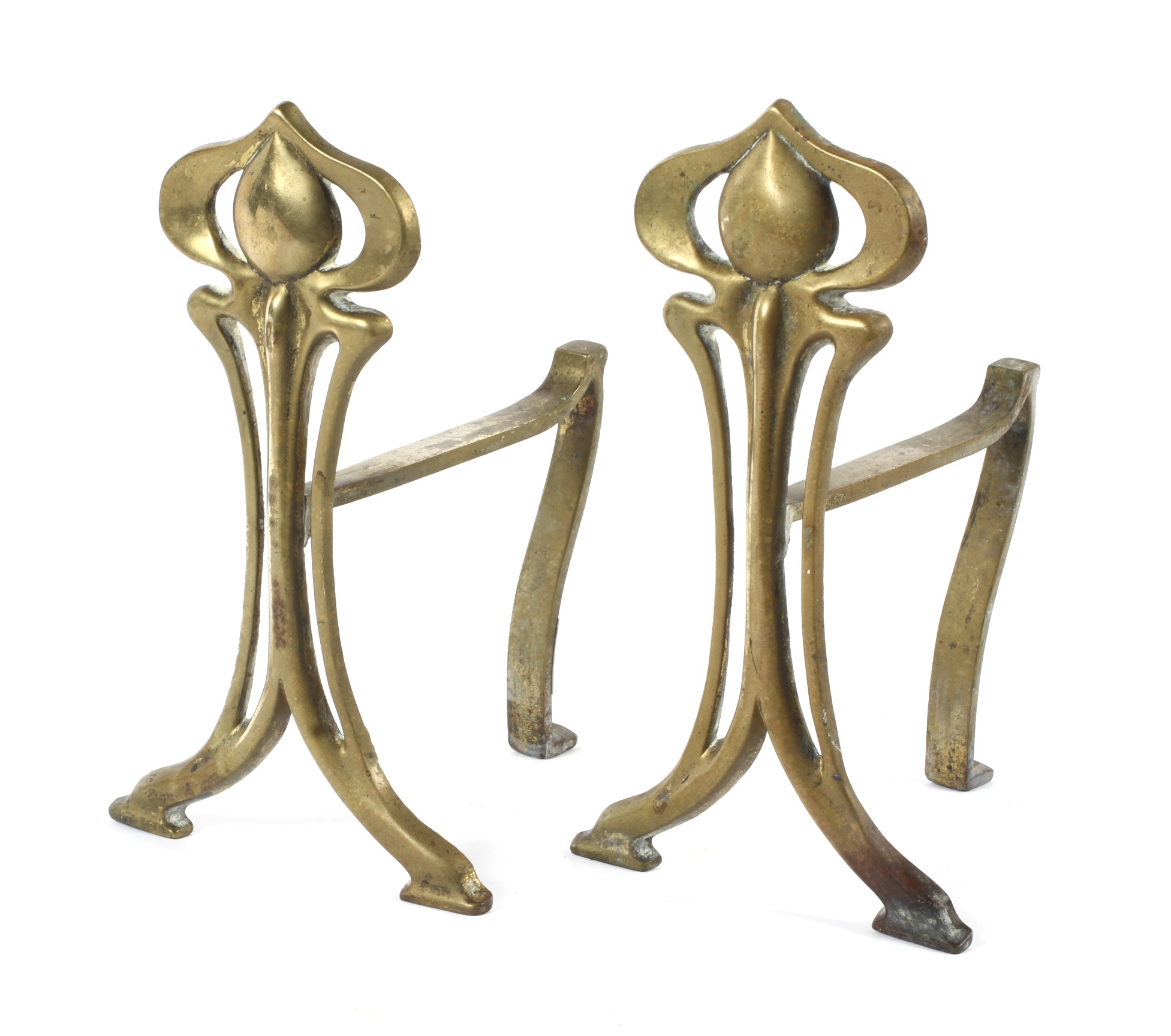 A pair of Art Nouveau brass fire dogs, circa 1900.