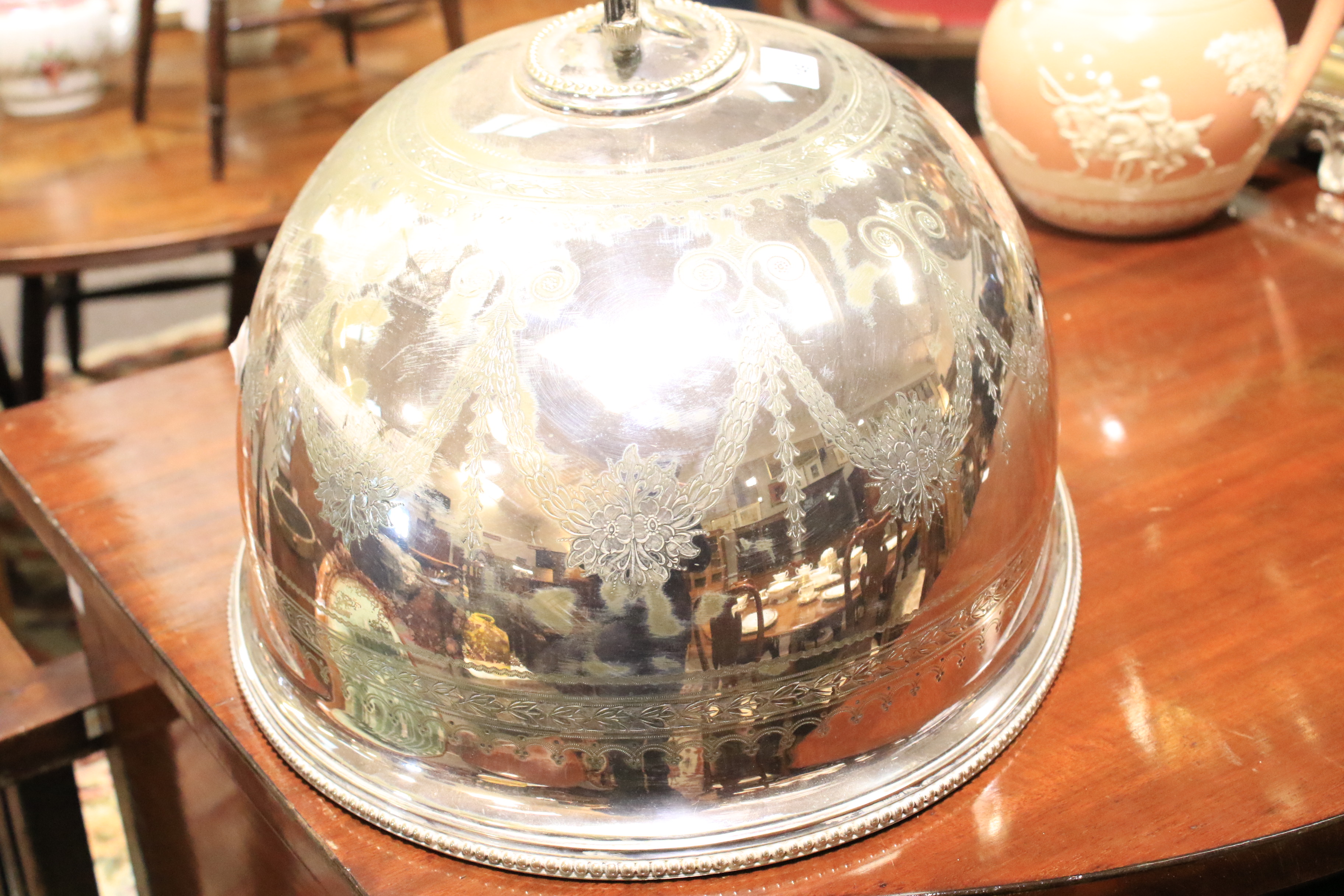 A large Edwardian silver-plated meat-dish warmer and two domed covers in sizes. - Image 14 of 23