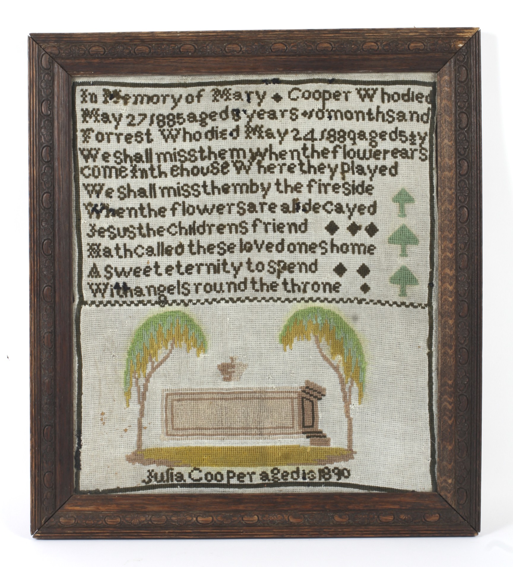 A 19th century oak framed needlework sampler.