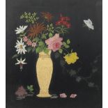 An early 20th century still life painting on a black silk ground depicting flowers in a vase.