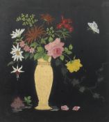An early 20th century still life painting on a black silk ground depicting flowers in a vase.