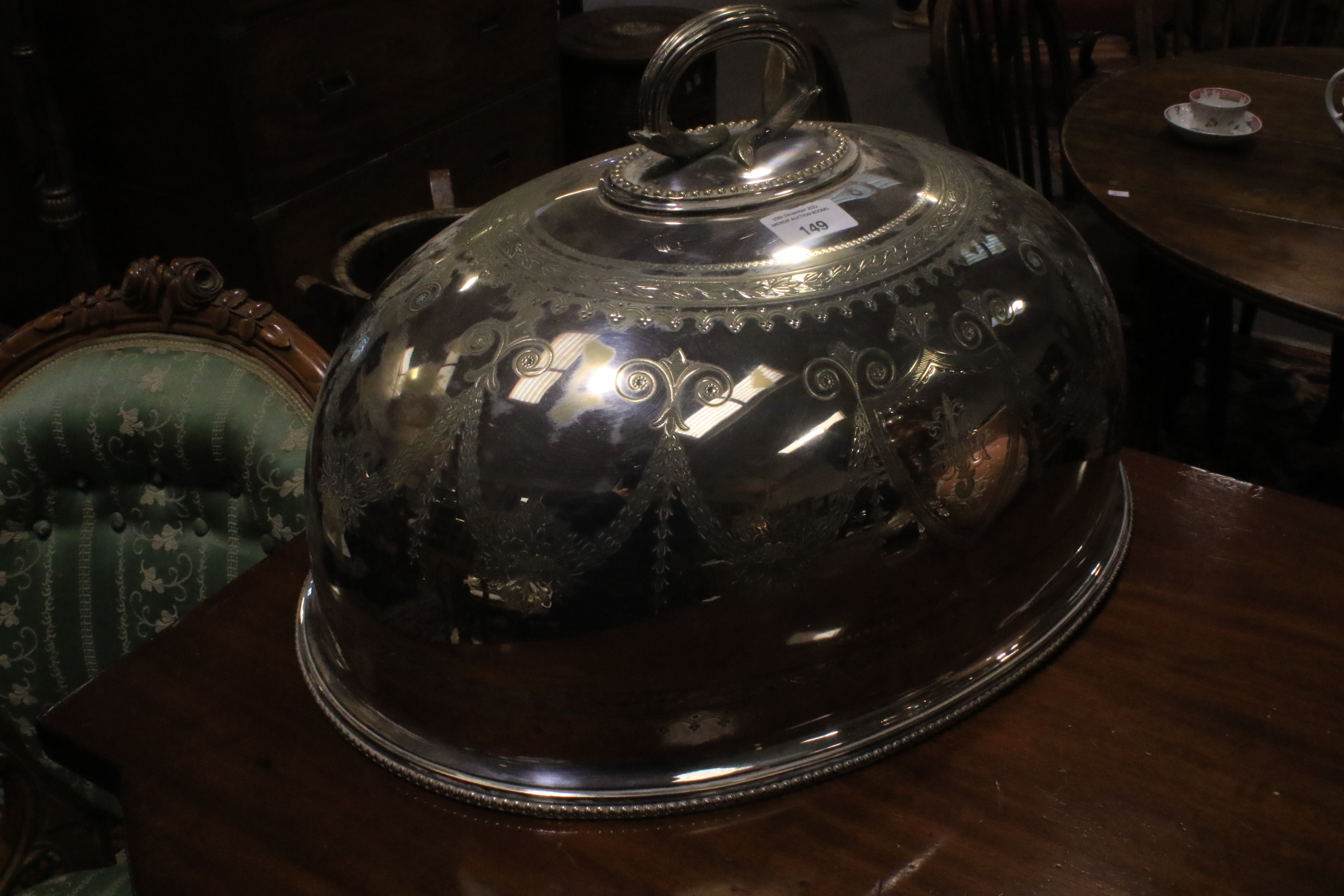 A large Edwardian silver-plated meat-dish warmer and two domed covers in sizes. - Image 18 of 23