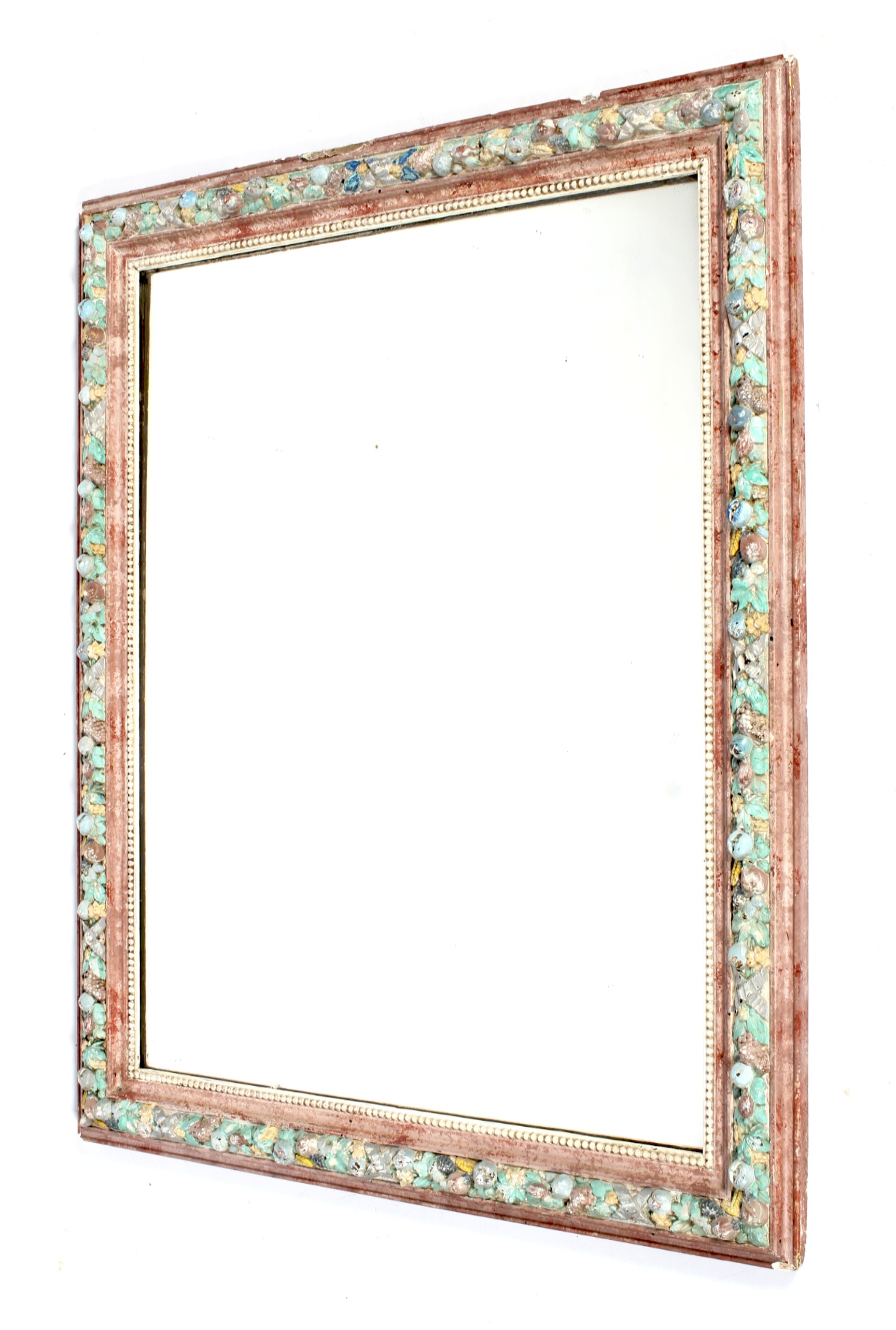 A pine and painted gesso Barbola mirror of large proportion.