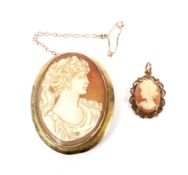 A 9ct gold and shell cameo oval brooch and a similar pendant.