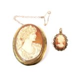A 9ct gold and shell cameo oval brooch and a similar pendant.