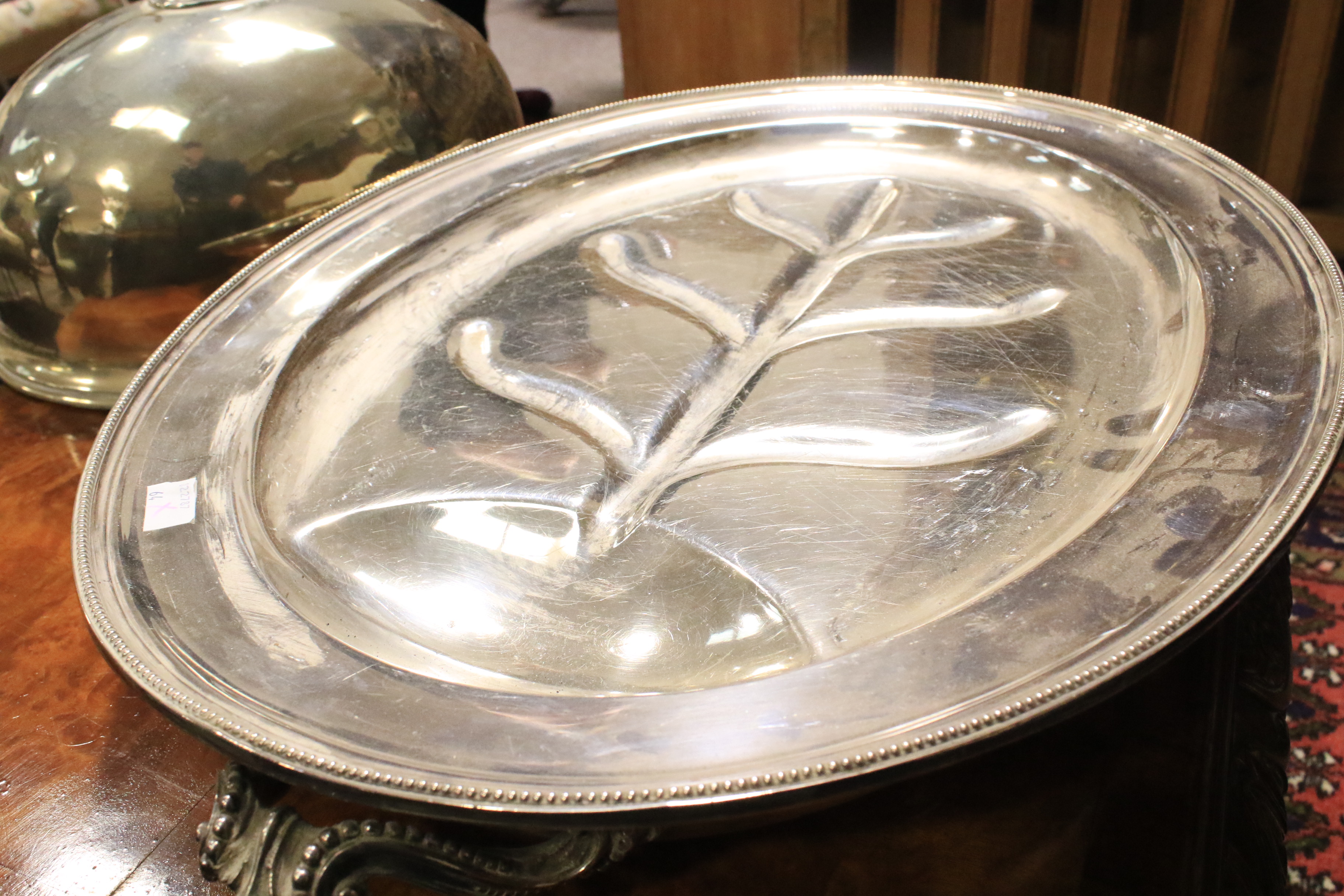 A large Edwardian silver-plated meat-dish warmer and two domed covers in sizes. - Image 4 of 23