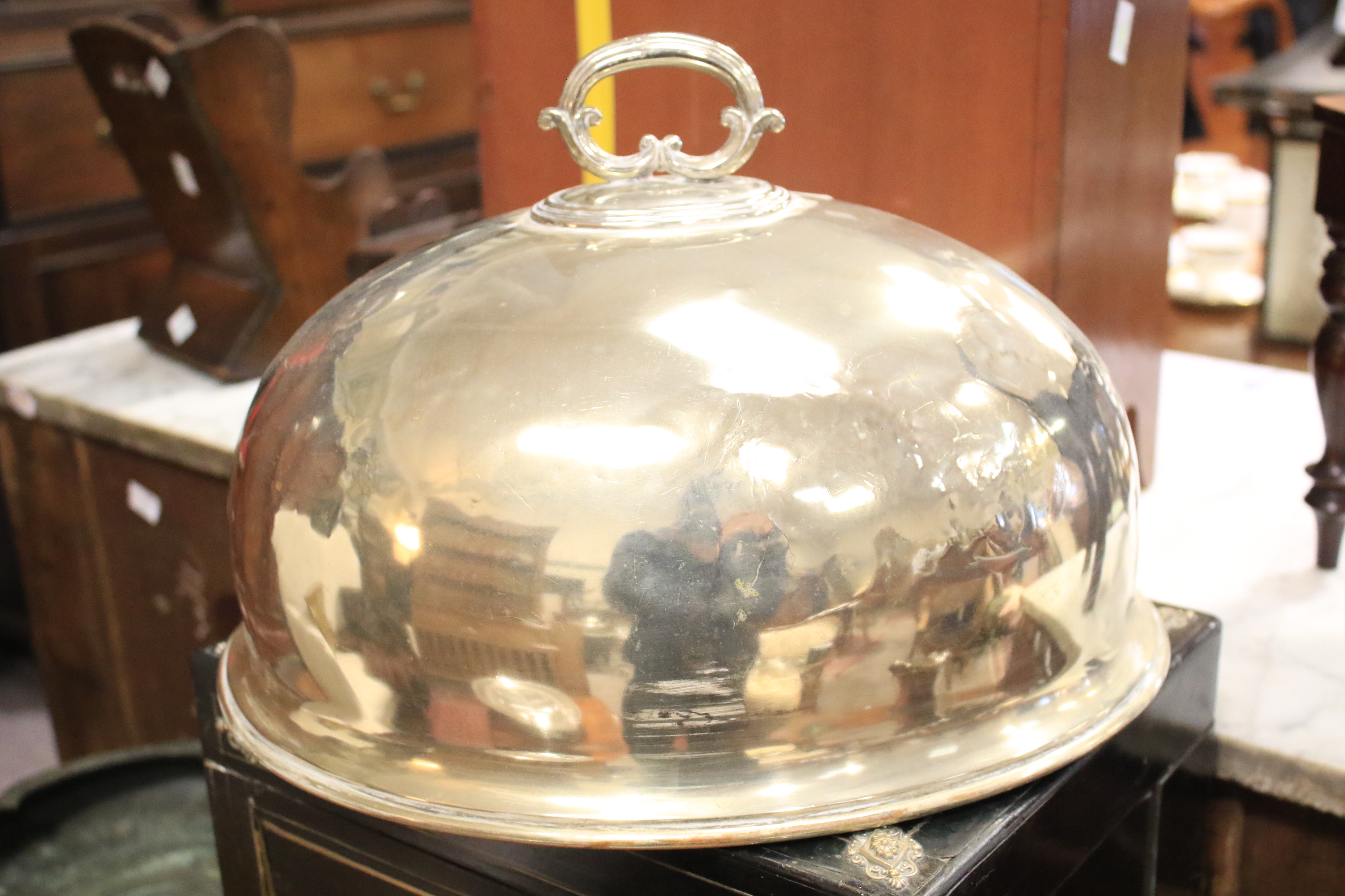 A large Edwardian silver-plated meat-dish warmer and two domed covers in sizes. - Image 7 of 23