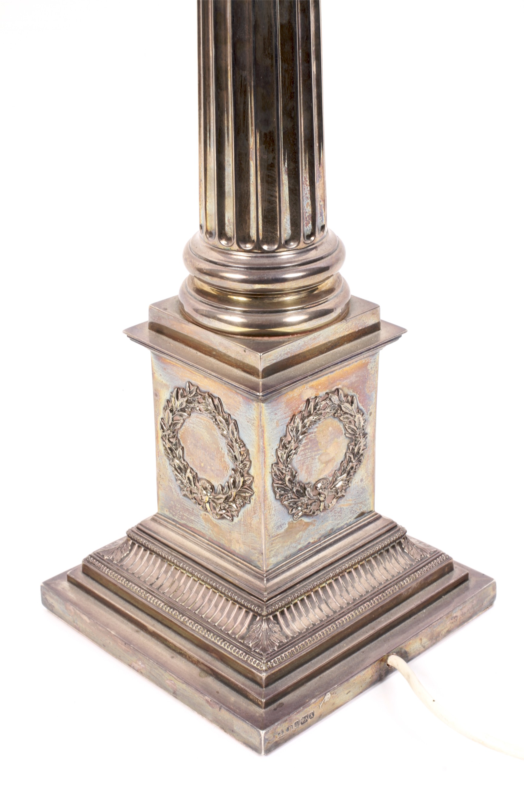 A Victorian silver Corinthian column candletick later adapted into a table lamp base. - Image 3 of 4