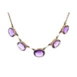 A vintage 9ct gold, amethyst and cultured-pearl necklace.