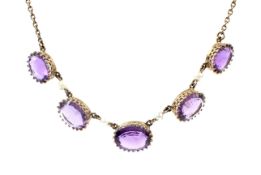 A vintage 9ct gold, amethyst and cultured-pearl necklace.