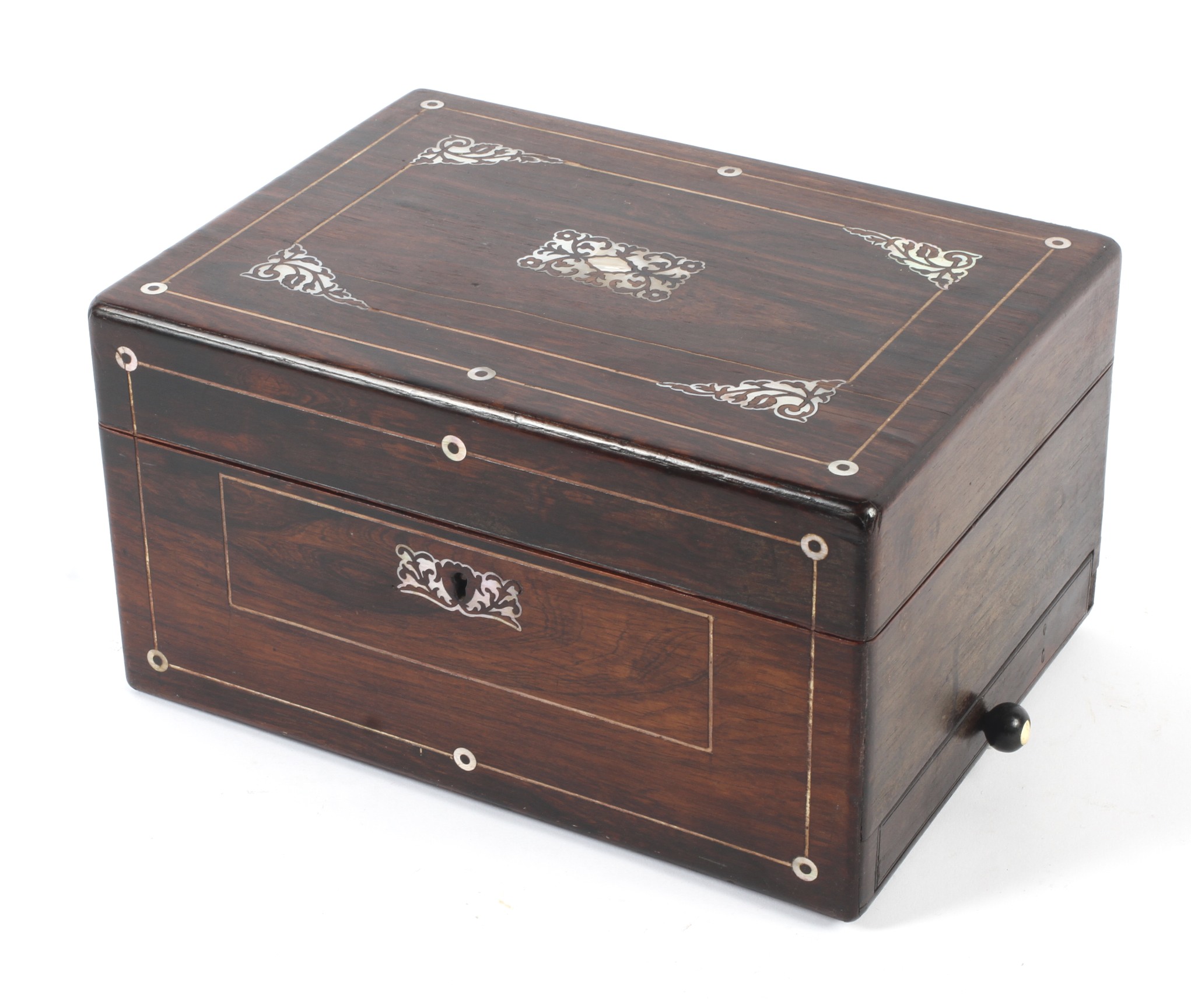 A Victorian rosewood and mother-of-pearl inlaid writing box.