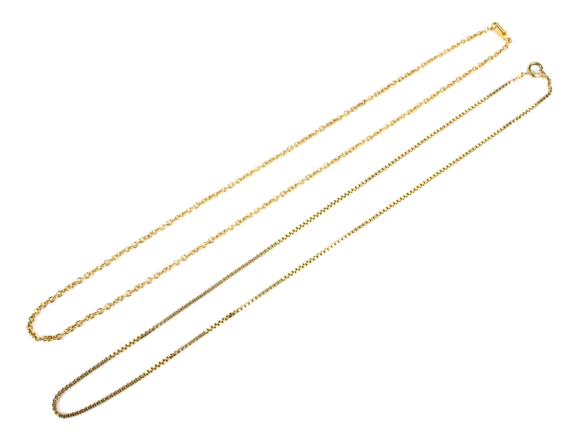 A modern Continental box link necklace stamped '14Kt'.