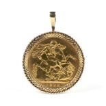 Victoria (1837-1901), Sovereign 1893(M), claw set in a later 9ct gold pendant mount.