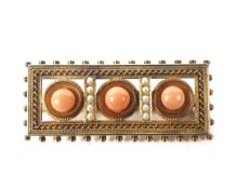 A mid-Victorian gold, coral and half-pearl rectangular brooch in Etruscan style.