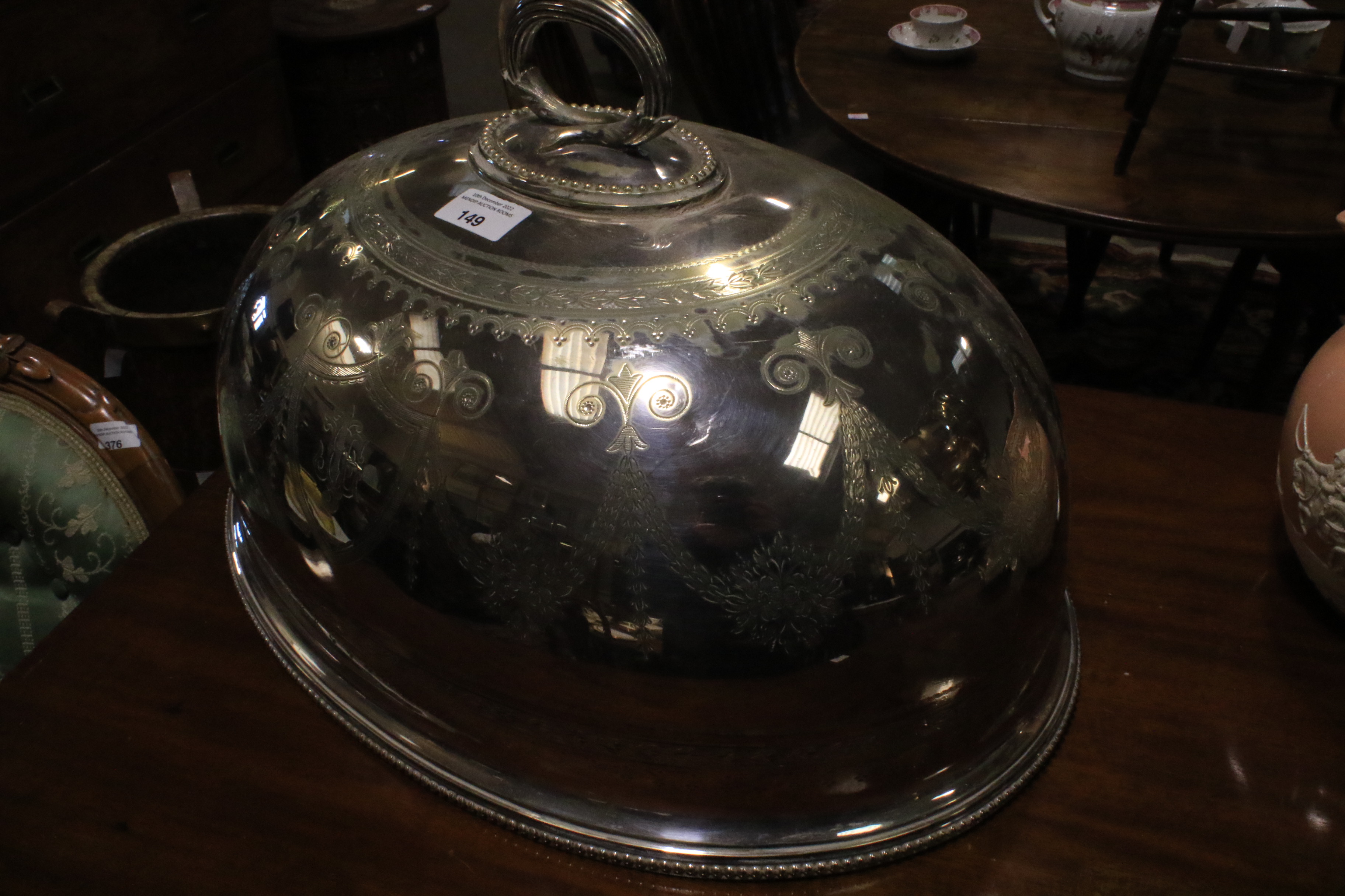 A large Edwardian silver-plated meat-dish warmer and two domed covers in sizes. - Image 17 of 23