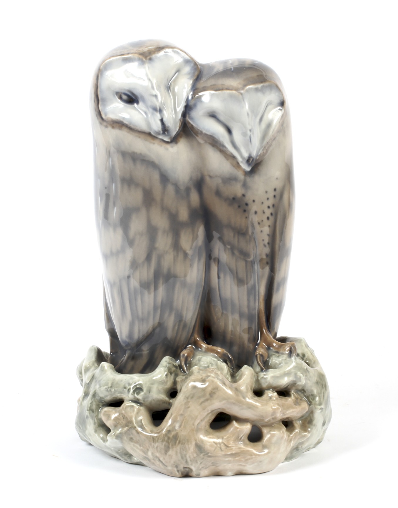 A Royal Copenhagen porcelain model of a pair of barn owls. Printed blue and green marks, no.